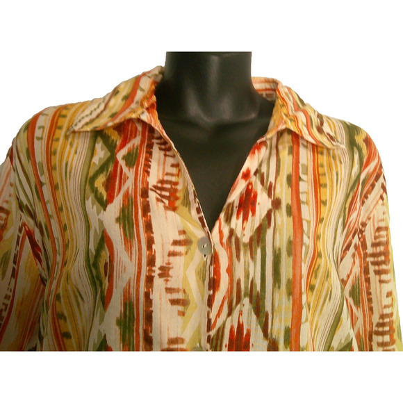 Alfred Dunner Woman 18W Button-down Long Sleeve Aztec Shirt Rust Olive Green - Picture 2 of 7